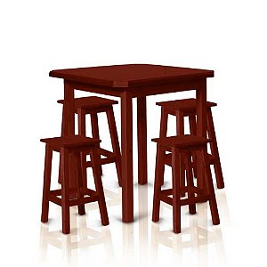 Mesa Com 4 Banquetas de Madeira Maciça 75x75 Bonacor Mogno
