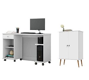 Conjunto Home Office Mesa de Computador + Armario Multiuso Million 100% MDF Branca