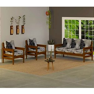 Sofá 3 Lugares com 2 Poltronas Em Madeira Resistente Almofadas Confortável Cinza