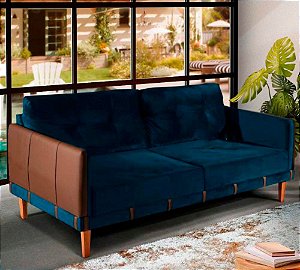 Sofá de 2m Living Fixo Boutique Luxuoso Confortavel Veludo Azul Pés Reforçado
