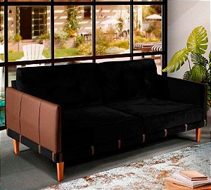 Sofá de 2m Living Fixo Boutique Luxuoso Confortavel Veludo Preto Pés Reforçado