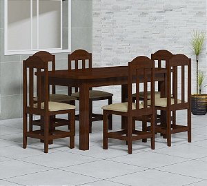 Mesa Com 6 Cadeiras Estofado Bege em Madeira Maciça 160x88 Safira Castanho