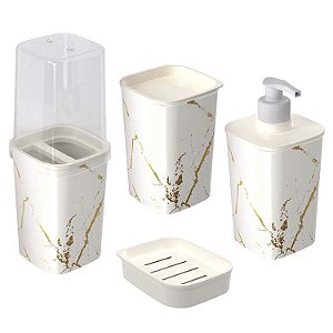 Kit Banheiro Jogo Utensílios Para Lavabo decoração Plasutil Mármore Branco 4 Itens