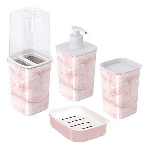 Jogo Utensílios Para Lavabo Banheiro Plasutil Mármore Rosa Kit 4 Itens