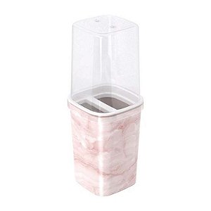Porta Escovas e Creme Dental de Plástico com Tampa Classic Fosca Mármore Rosa