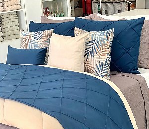 Kit Peseira Suede Luxo Deminas + 2 Porta Travesseiro - Azul