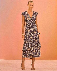 Vestido Midi Crepe Babados Floral
