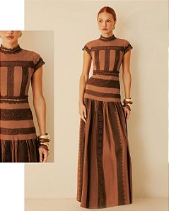 Vestido Kyle Voil com Renda Manga Marrom