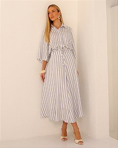 Conjunto Camisa e Saia Evasê Midi Listrada