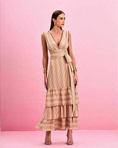 Vestido Longo Listrado com Pompons