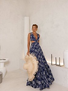 Vestido Longo Cintura Vazada e Cinto Macramê