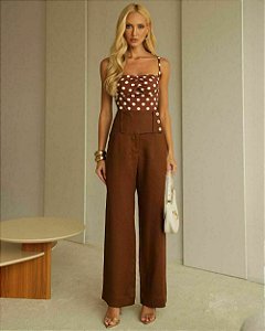 Calça 100% linho cós alto com botões