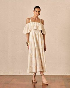 Vestido Bordado Algodão Ombro a Ombro