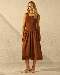 Vestido Malha e Tricoline Cintura Baixa