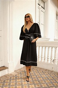 Vestido linho manga ampla com cinto