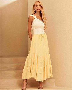 Saia Midi Volante Linho Lisa