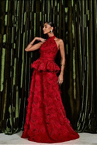 Vestido Longo Peplum Guipir Flor