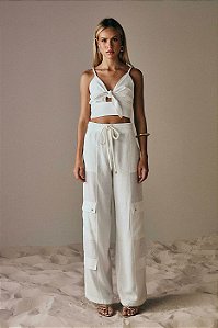 Conjunto Calça Cargo e Cropped Alça com Amarração Cordão