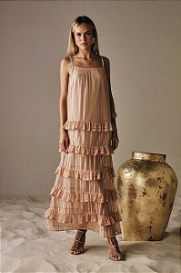 Vestido Longo Alça Fina com Babados