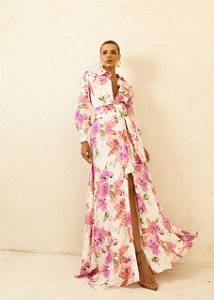 Vestido Longo Floral com Manga