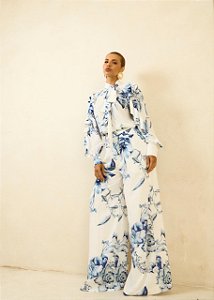 Conjunto Floral Blusa Laço Gola