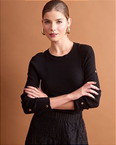 Blusa Tricot Apliques Metais Mangas