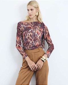 Blusa Tule Drapeada Laço Lateral Étnica