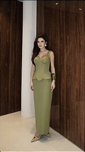 Conjunto Alfaiataria Corset Peplum e Saia Midi Verde