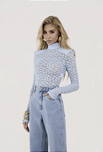 Body de Renda Alta e Manga Longa Azul