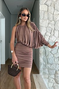 Vestido Malha Jersey Drapeado e Assimétrico