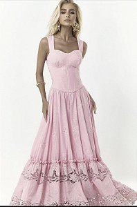 Vestido Longo Voil com Barrado Top Corset com amarração