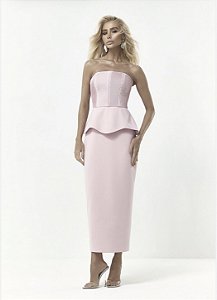 Vestido Malha Twill Top Peplum Plissado Saia Midi