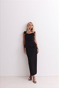 Vestido Alfaiataria Midi Top Peplum com Alça Preto