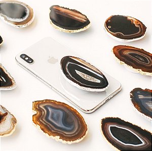 Pop Socket Ágata cor marrom acabamento prateado | Phone Grip