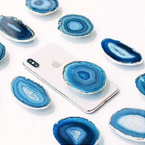 Pop Socket Ágata cor azul acabamento dourado | Phone Grip