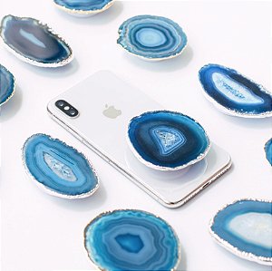 Pop Socket Ágata cor azul acabamento prateado | Phone Grip