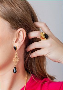 Anel Ouro Gota Ônix