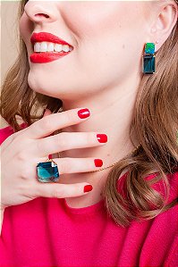 Brinco Pedra Azurita com Cristal Azul Egeu