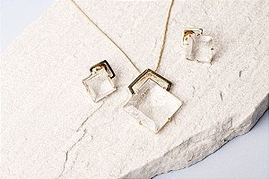 Brinco Clássico Quadrado Ouro Cristal