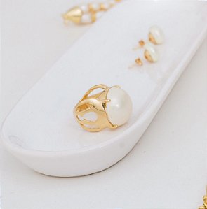 Anel Ouro Meia Esfera Pérola 19mm