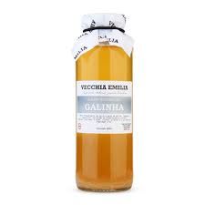 Caldo de Galinha Caipira, garrafa de vidro de 300ml, marca Vecchia Emilia