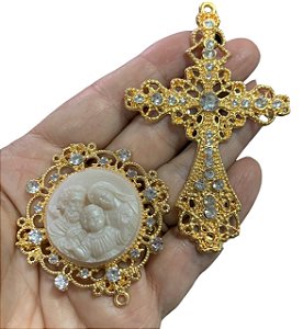 Sagrada Família  camafeu kit para terço de noiva grande com strass dourado luxo