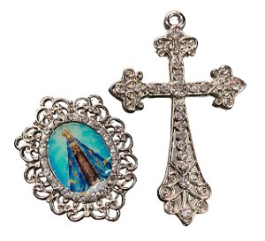 Nossa Senhora de Fátima kit cruz e entremeio para confecção de terço católico com strass