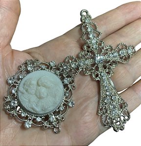 Sagrada Família  camafeu kit para terço de noiva grande com strass niquelado luxo