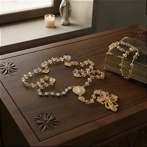 Terço personalizado com nome Nossa senhora Aparecida dourado cataforético com cristal golden