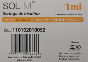 100 Seringa Insulina Ultrafine 8 mm de 1 ml Sol Millennium