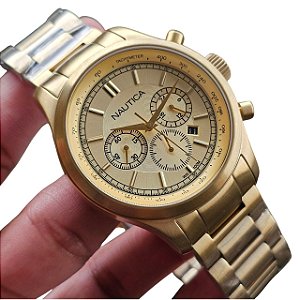 Relógio Masculino Nautica A22619G Cronógrafo Analógico Dourado