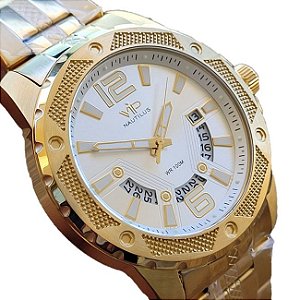 Relógio Vip Nautilus Mh-6376 Dourado Visor Branco