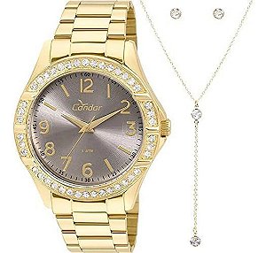 Relógio Condor Feminino Dourado Colar Brincos Co2035kus/k4c