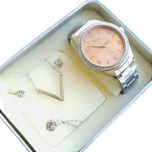 Relógio Feminino Condor Par De Brincos E Colar Co2035kux Prateado